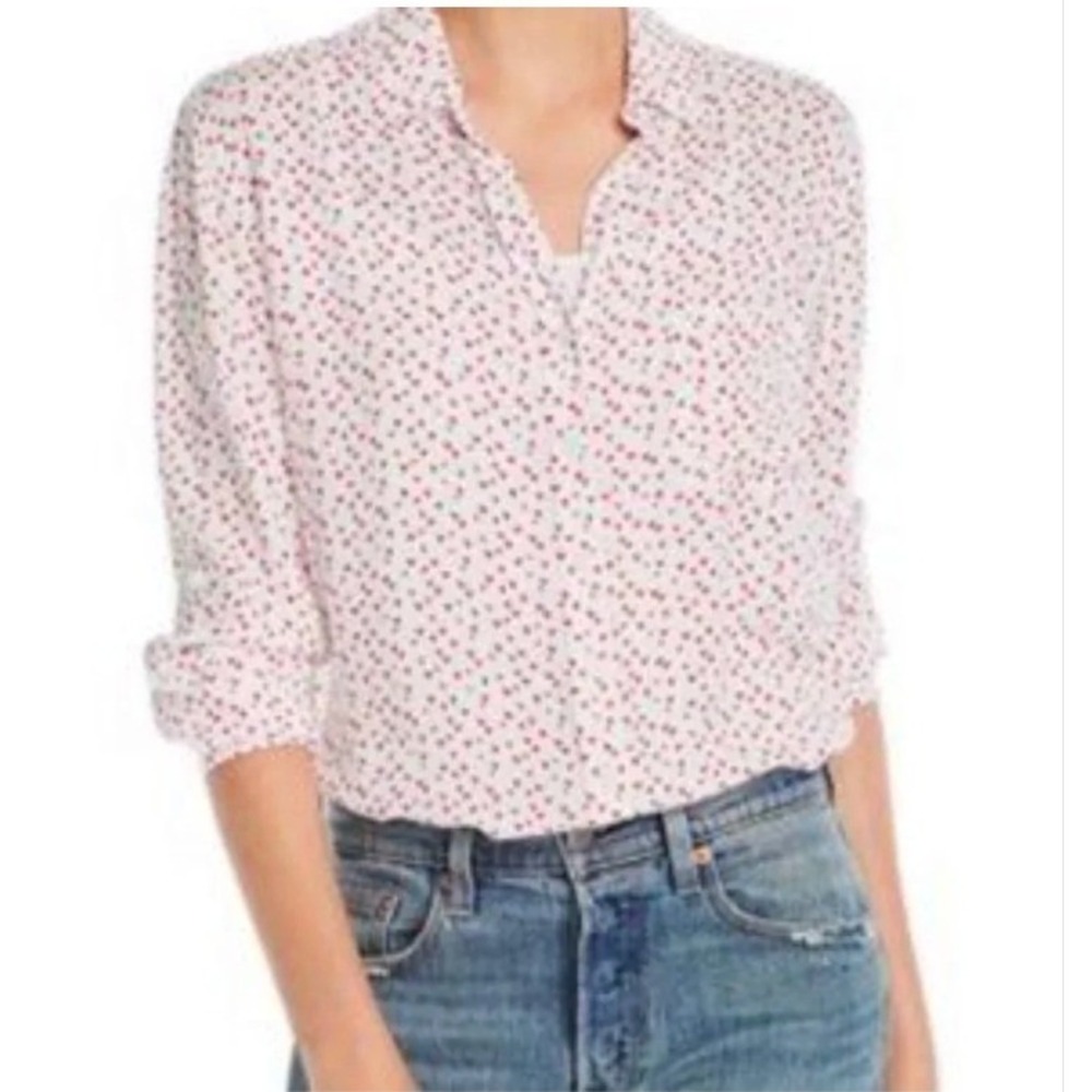 BeachLunchLounge Womens Sz Medium Button Down Shirt White Red Mini Heart Pattern